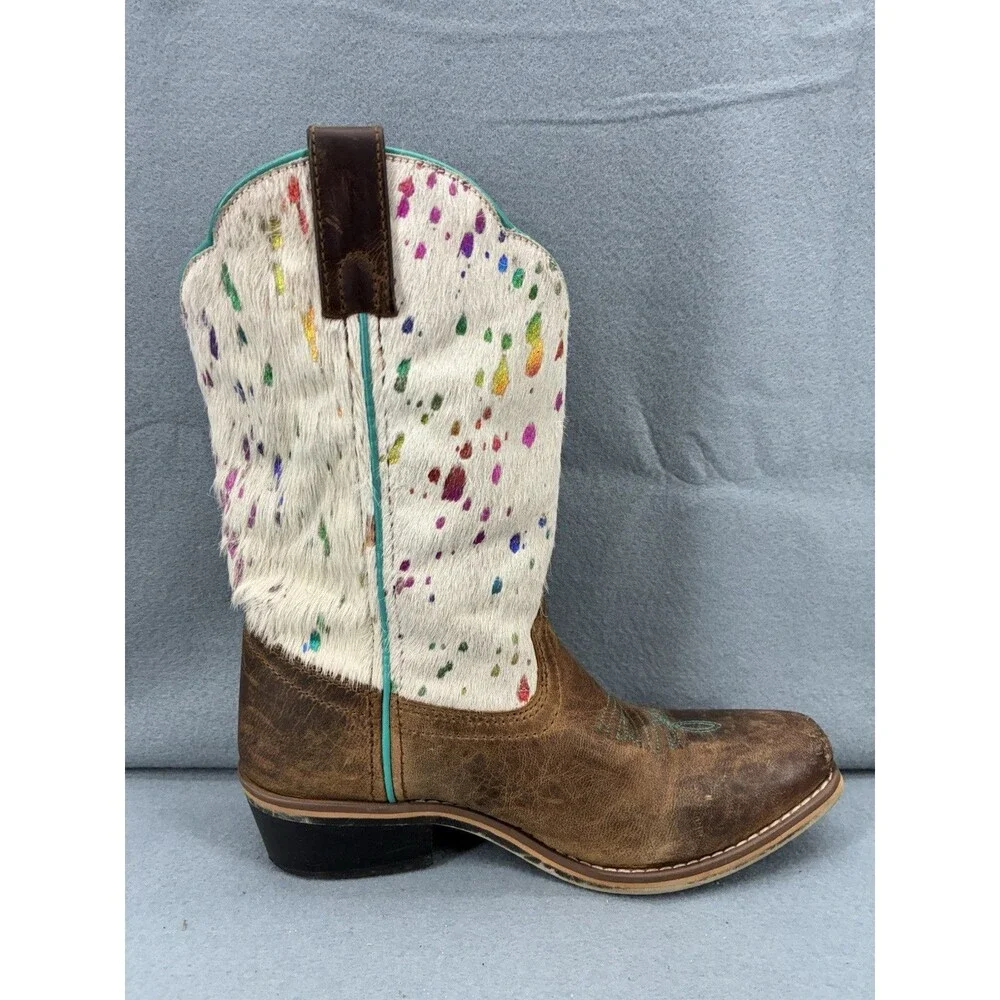 Dan Post Youth 5D Cowboy Boots Cowhide Hair On Hide Splatter Western Brown